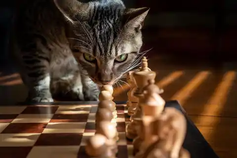 Getigerte Katze schnuppert an einer Schachfigur