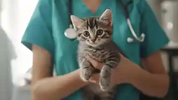Tierärztin hält ein getigertes Kätzchen auf dem Arm